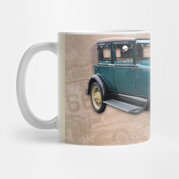 Vintage Blue Car on Old Route 66 on Newsprint by ButterflyInTheAttic